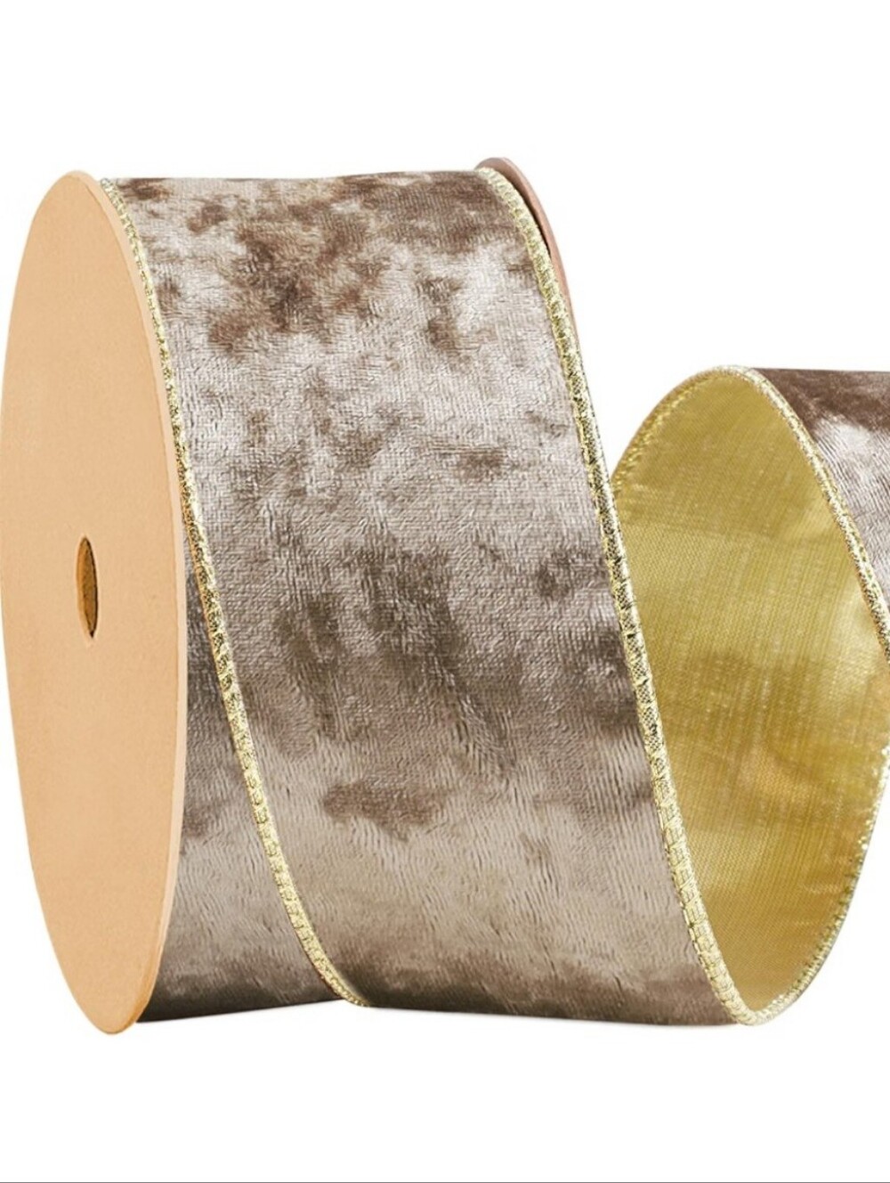 Neutral Taupe Velvet Ribbon with Gold Edge. 10 yards. NEW.